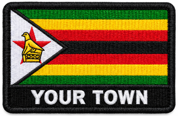 Personalised Zimbabwe embroidered flag patch with example YOUR TOWN text