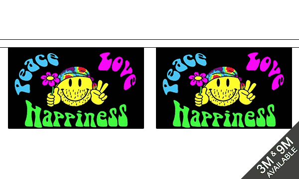 Peace, Love and Happiness Small Horizontal Bunting (3m Length) 3 metre bunting, 10 flags - Flagmania
