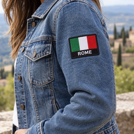 Example personalised Rome Italy patch on denim; illustration of use only