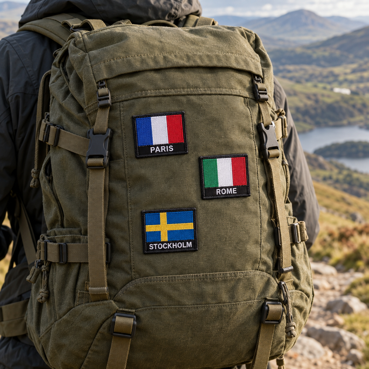 Examples of personalised country patches on a hiking backpack; backpack and other patches not included
