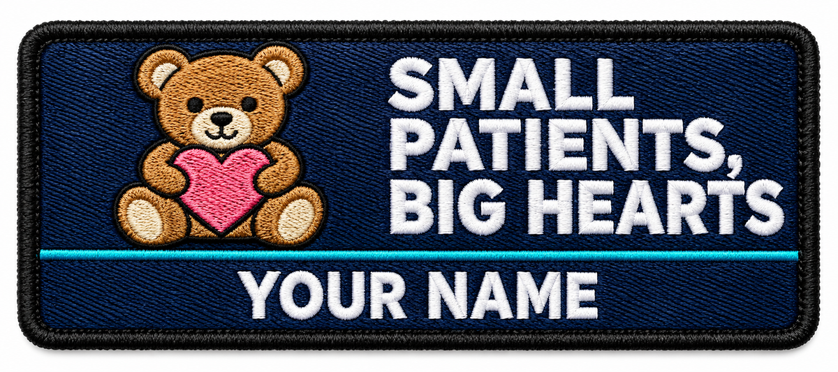 Small Patients, Big Hearts personalised medical embroidered patch, name along the bottom, 90 x 40mm