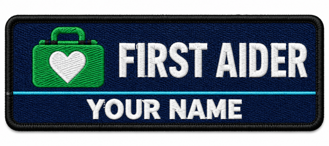 First Aider personalised medical embroidered patch, name along the bottom, 90 x 40mm