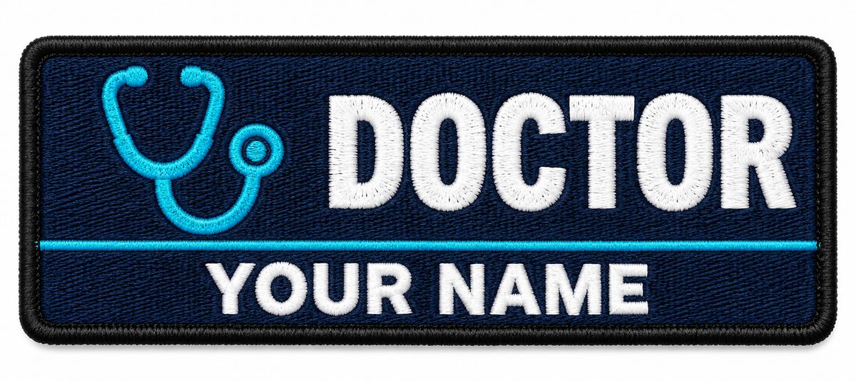 Doctor personalised medical embroidered patch, name along the bottom, 90 x 40mm