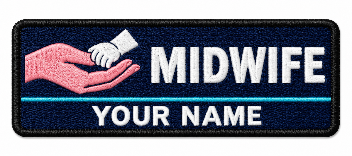 Midwife personalised medical embroidered patch, name along the bottom, 90 x 40mm