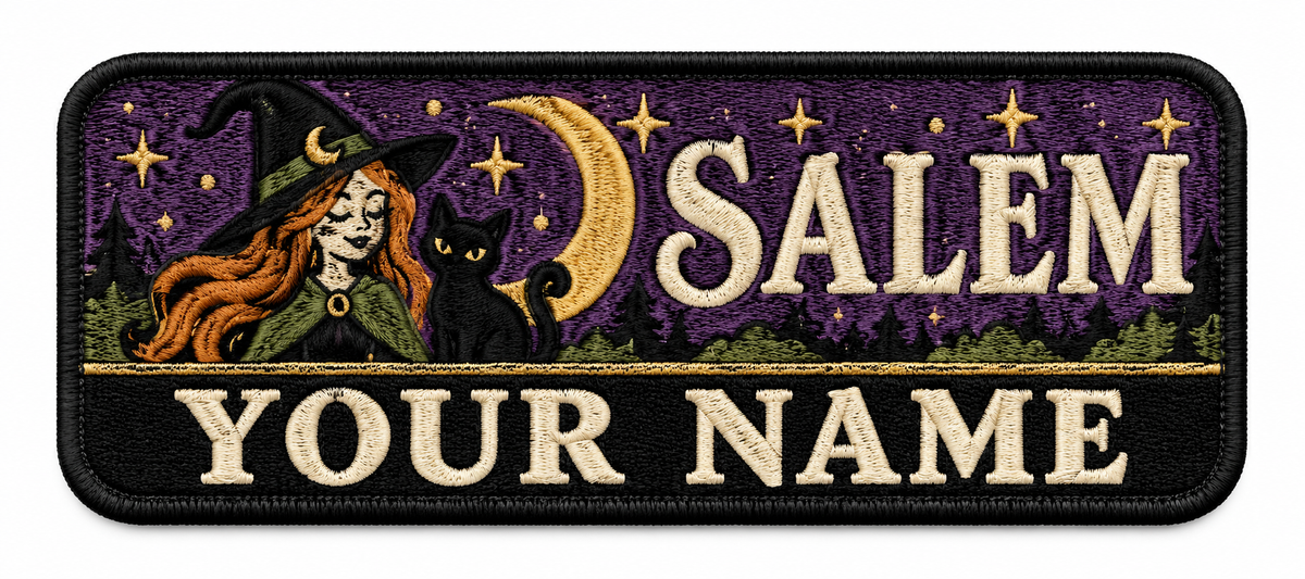 Personalised Salem witch embroidered patch with YOUR NAME panel, 90 x 40mm