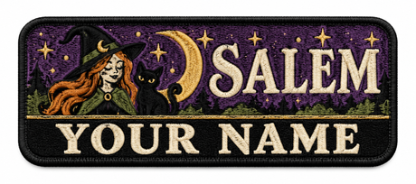 Personalised Salem witch embroidered patch with YOUR NAME panel, 90 x 40mm