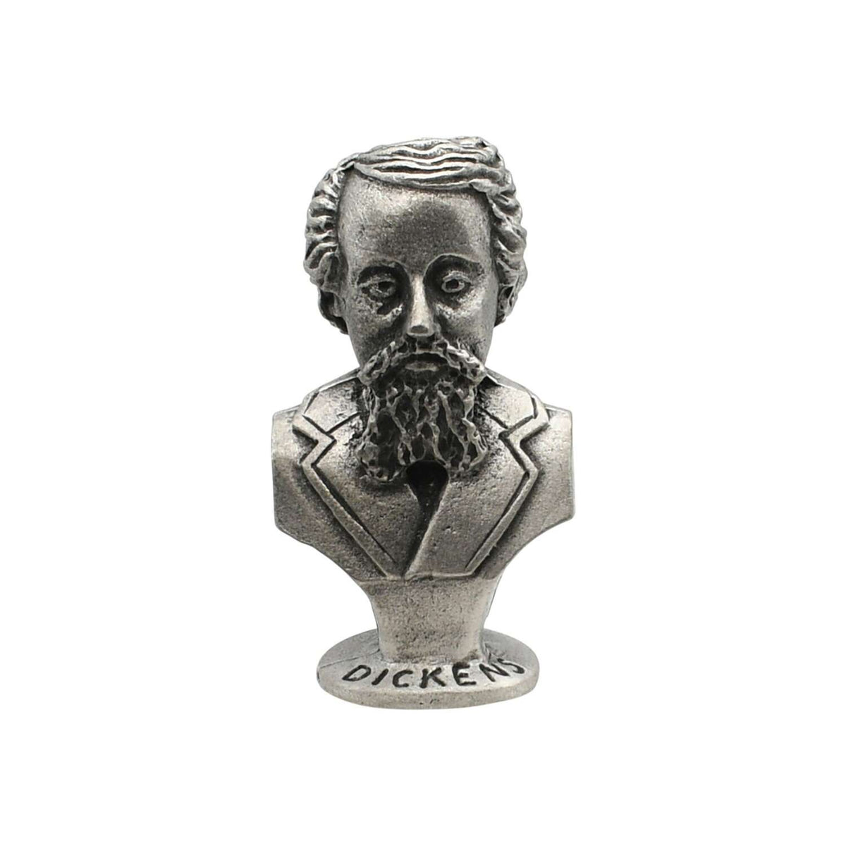 English made pewter Charles Dickens bust front with Dickens named base