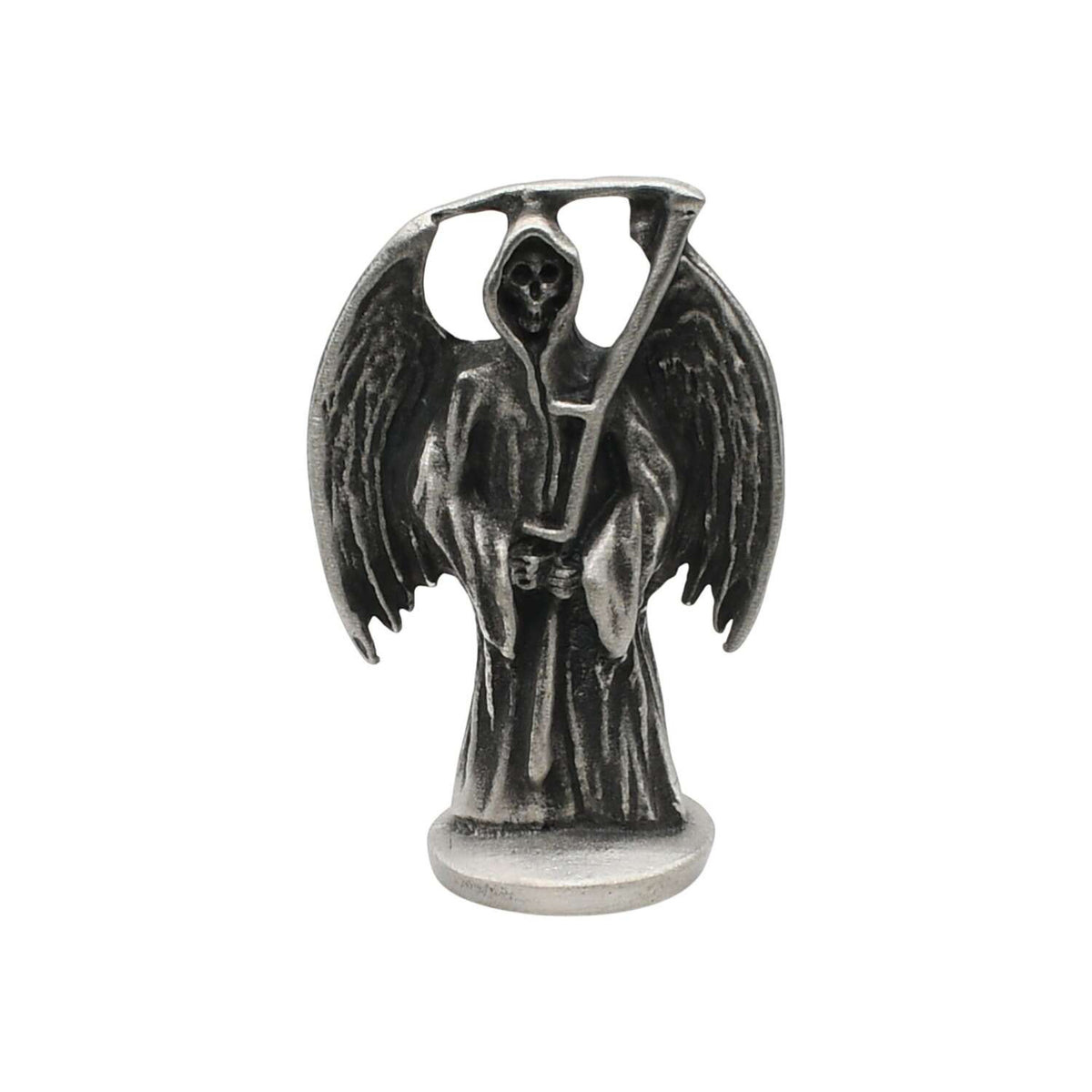 Pewter Grim Reaper ornament front with wings and scythe