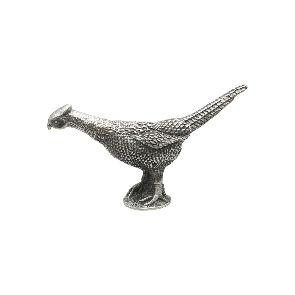 English made pewter pheasant ornament side view showing long tail