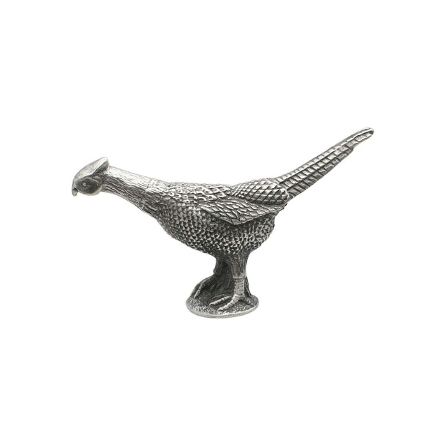 English made pewter pheasant ornament side view showing long tail