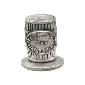 English made pewter Scotch whisky cask barrel ornament front with label