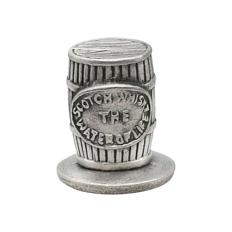 English made pewter Scotch whisky cask barrel ornament front with label