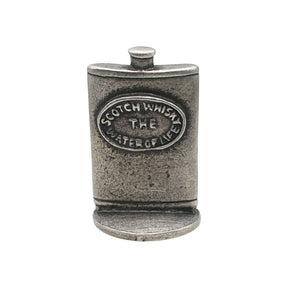 English made pewter Scotch whisky hip flask ornament front label