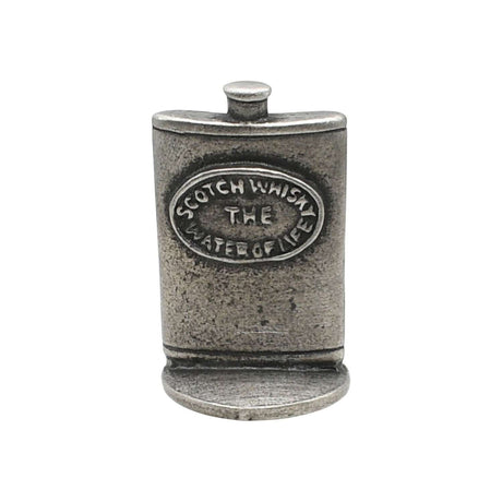 English made pewter Scotch whisky hip flask ornament front label