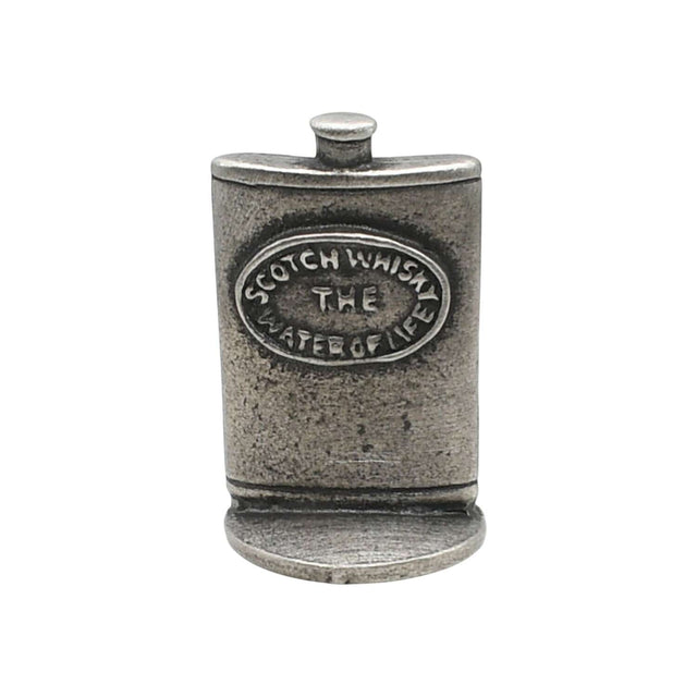 English made pewter Scotch whisky hip flask ornament front label