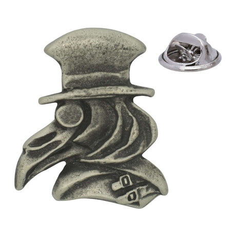 Plague doctor pewter lapel pin with beaked mask, top hat and butterfly clutch fastening
