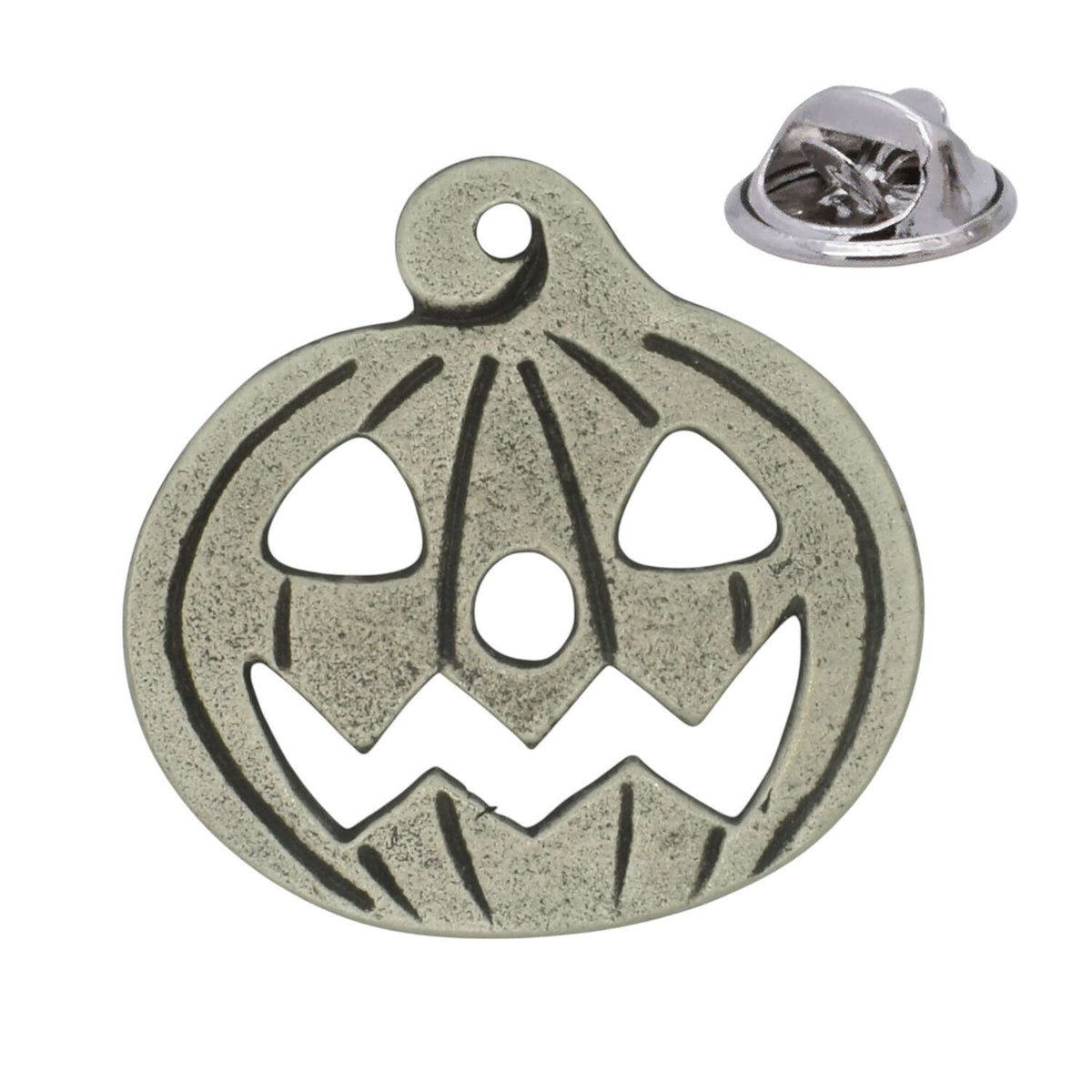 Halloween jack-o-lantern pumpkin pewter lapel pin badge with cut-out eyes and grin, butterfly clutch fastening