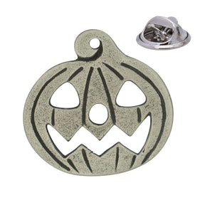 Halloween jack-o-lantern pumpkin pewter lapel pin badge with cut-out eyes and grin, butterfly clutch fastening