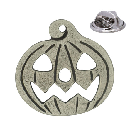 Halloween jack-o-lantern pumpkin pewter lapel pin badge with cut-out eyes and grin, butterfly clutch fastening