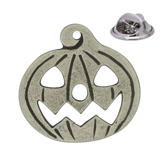 Halloween jack-o-lantern pumpkin pewter lapel pin badge with cut-out eyes and grin, butterfly clutch fastening