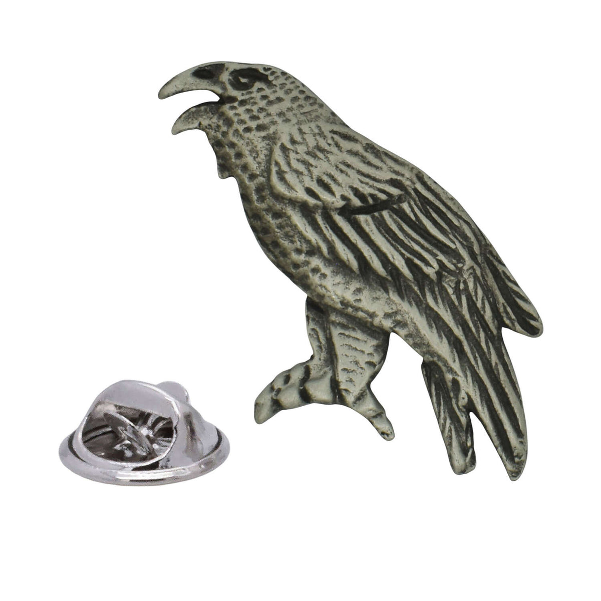 Detailed raven bird pewter lapel pin badge in antique silver-tone finish with butterfly clutch fastening