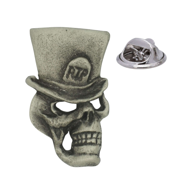 Gothic skull with RIP top hat antique silver tone pewter lapel pin badge and butterfly clutch fastening