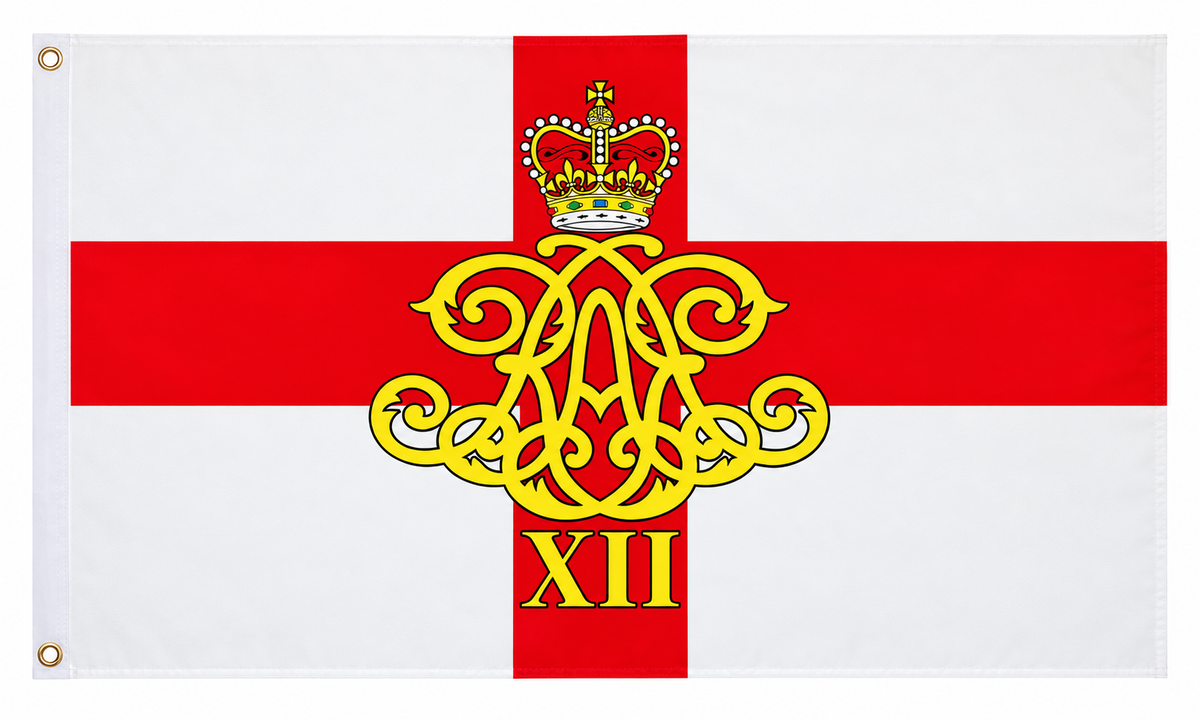 12th Regiment Royal Artillery flag with red cross, crowned yellow monogram and XII