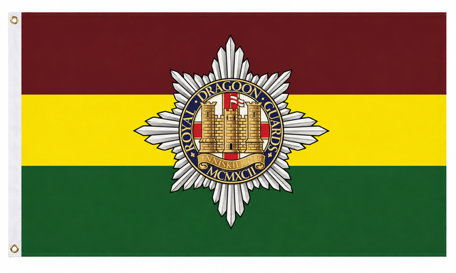 Royal Dragoon Guards flag with regimental emblem on maroon, yellow and green bands