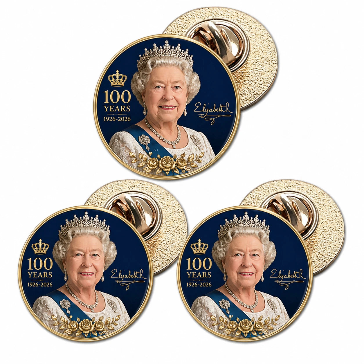 3 x Queen Elizabeth to commemorate her 100th Birthday (BU27) Lapel Pin Badges