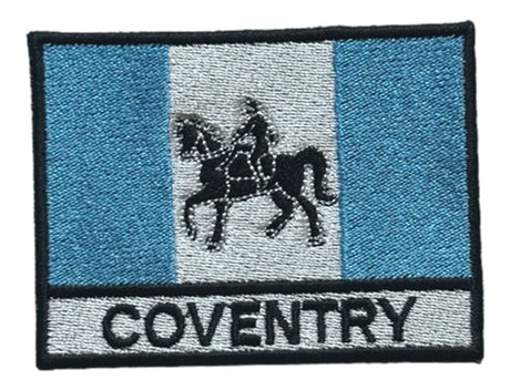 Coventry embroidered patch featuring the Coventry city flag with the Lady Godiva horse emblem, suitable for iron-on or sew-on application.