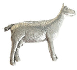 Detailed pewter standing goat pin badge with butterfly clutch fastening on a white background.
