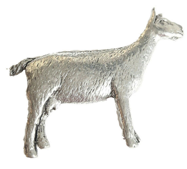 Detailed pewter standing goat pin badge with butterfly clutch fastening on a white background.