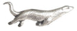 Detailed pewter otter pin badge with butterfly clutch fastening on a white background.