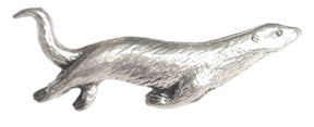 Detailed pewter otter pin badge with butterfly clutch fastening on a white background.