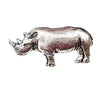 Detailed pewter rhinoceros pin badge with butterfly clutch fastening on a white background.