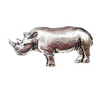 Detailed pewter rhinoceros pin badge with butterfly clutch fastening on a white background.