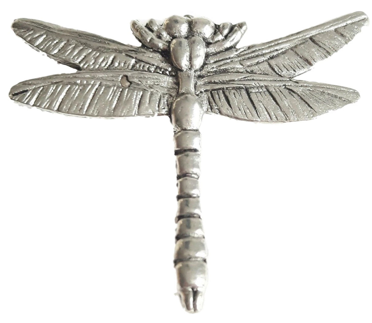 Detailed pewter dragonfly pin badge with butterfly clutch fastening on a white background.