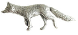 Detailed pewter fox pin badge with butterfly clutch fastening on a white background.