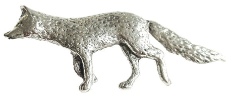 Detailed pewter fox pin badge with butterfly clutch fastening on a white background.