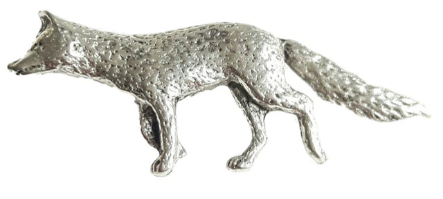 Detailed pewter fox pin badge with butterfly clutch fastening on a white background.