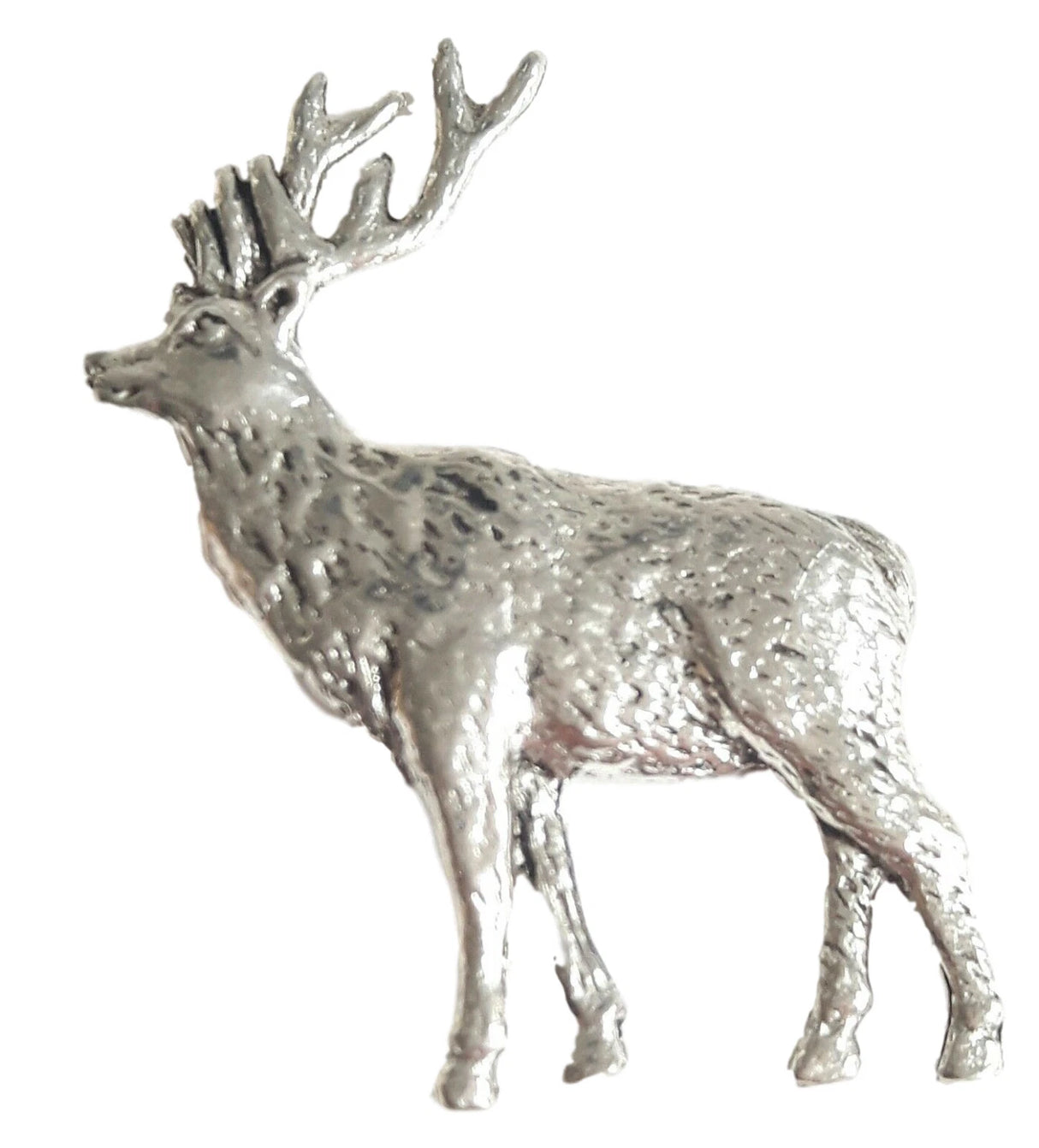 Detailed pewter stag deer pin badge with butterfly clutch fastening on a white background.