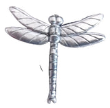 Detailed pewter dragonfly pin badge with butterfly clutch fastening on a white background.