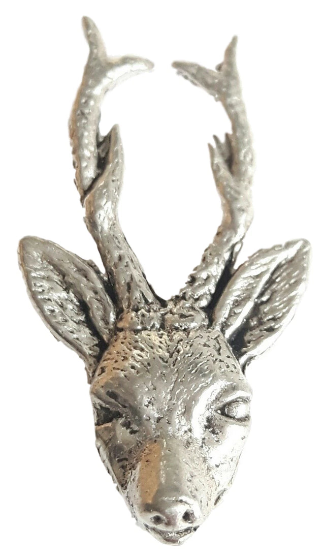 Detailed pewter roe deer head pin badge with butterfly clutch fastening on a white background.