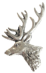 Detailed pewter stag head pin badge featuring large antlers with butterfly clutch fastening on a white background.