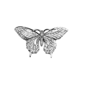 Detailed pewter Swallowtail Butterfly pin badge with butterfly clutch fastening on a white background.