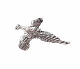 Handcrafted pewter Pheasant pin badge featuring a British game bird in flight with detailed feathering.