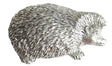 Detailed pewter hedgehog pin badge with butterfly clutch fastening on a white background.
