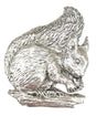 Detailed pewter squirrel pin badge holding an acorn with butterfly clutch fastening on a white background.