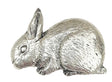 Detailed pewter rabbit pin badge in a resting pose with butterfly clutch fastening on a white background.