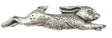 Detailed pewter running hare pin badge with butterfly clutch fastening on a white background.